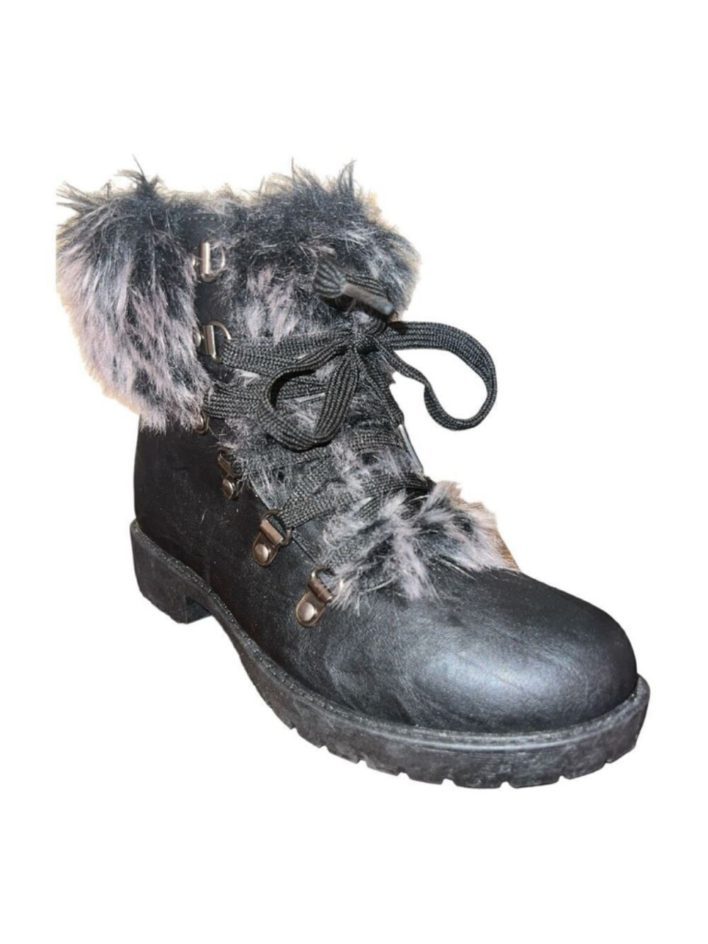 Wanted Black Faux Fur Trim Combat Boots Size 7 New Chunky Lace Up Y2K